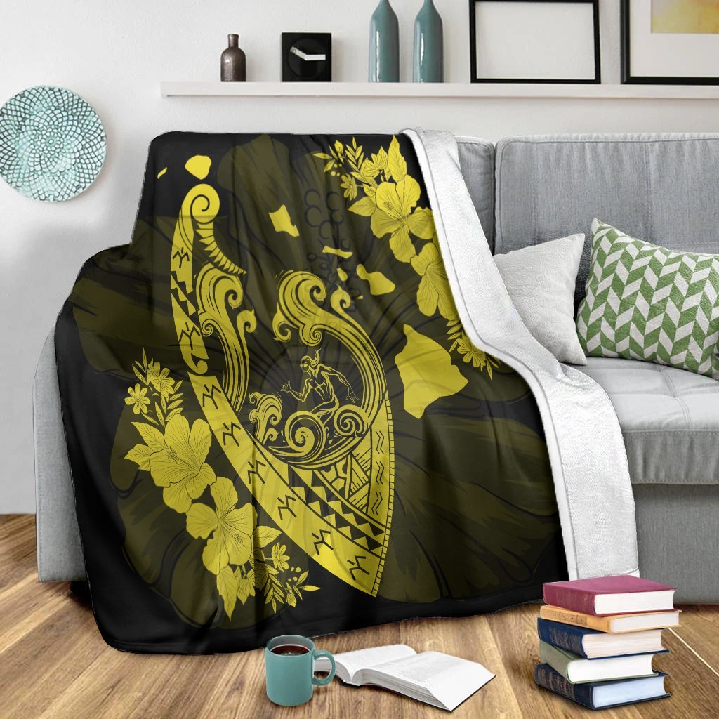 Hawaiian Fish Hook Hibiscus Banzai Surfing Polynesian Premium Blankets Yellow - AH - Polynesian Pride