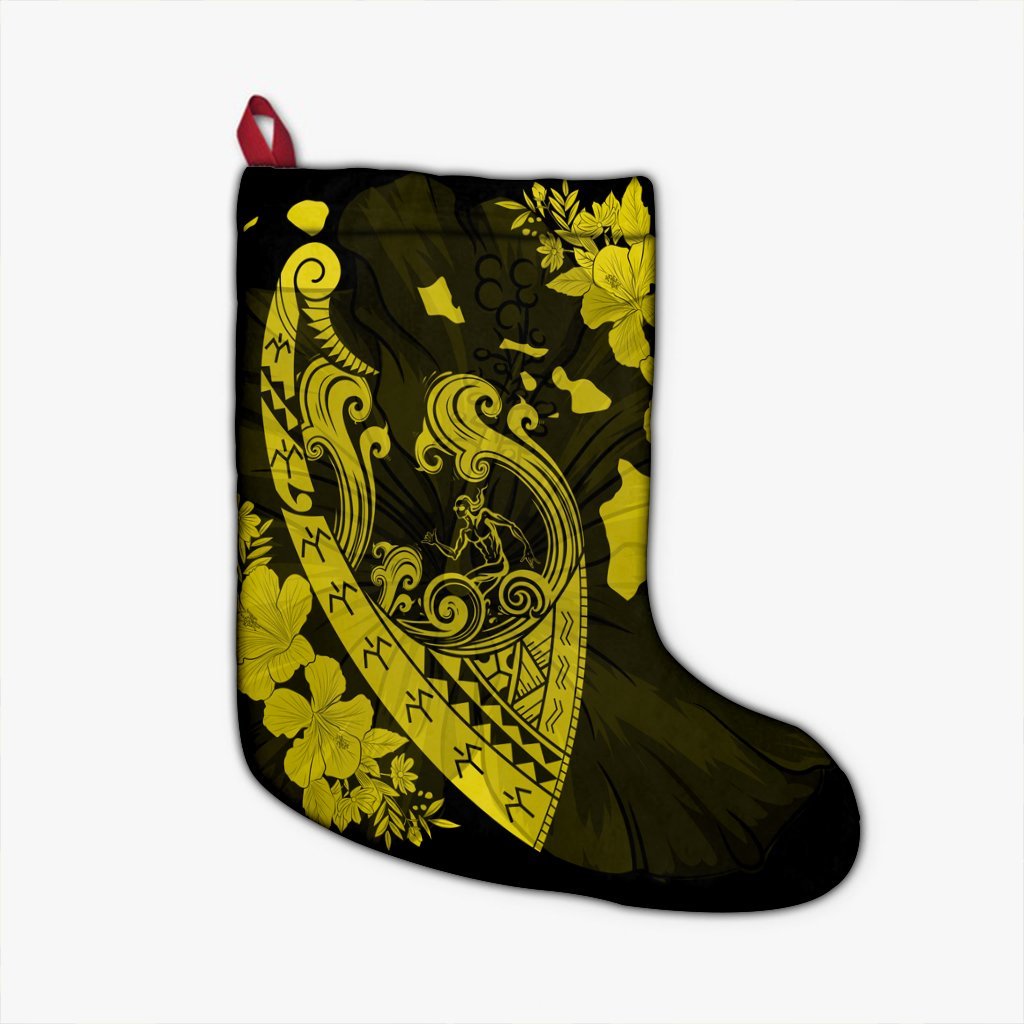 Hawaiian Fish Hook Hibiscus Banzai Surfing Polynesian Christmas Stocking Yellow - AH Christmas Stocking 26 X 42 cm Black - Polynesian Pride