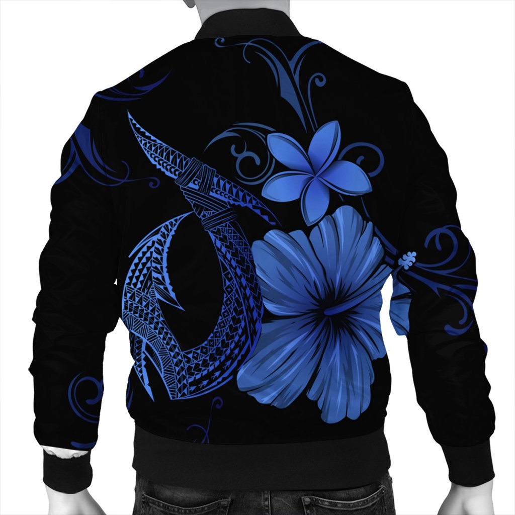Hawaiian Fish Hook Hibiscus Plumeria Polynesian Bomber Jacket - Blue - AH - Polynesian Pride