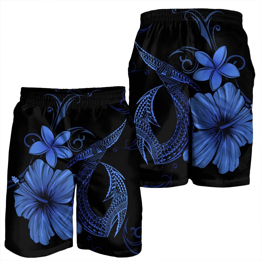 Hawaiian Fish Hook Hibiscus Plumeria Polynesian Men's Shorts - Blue - AH - Polynesian Pride