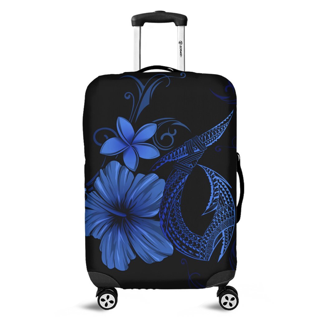 Hawaiian Fish Hook Hibiscus Plumeria Polynesian Luggage Covers - Blue - AH Black - Polynesian Pride