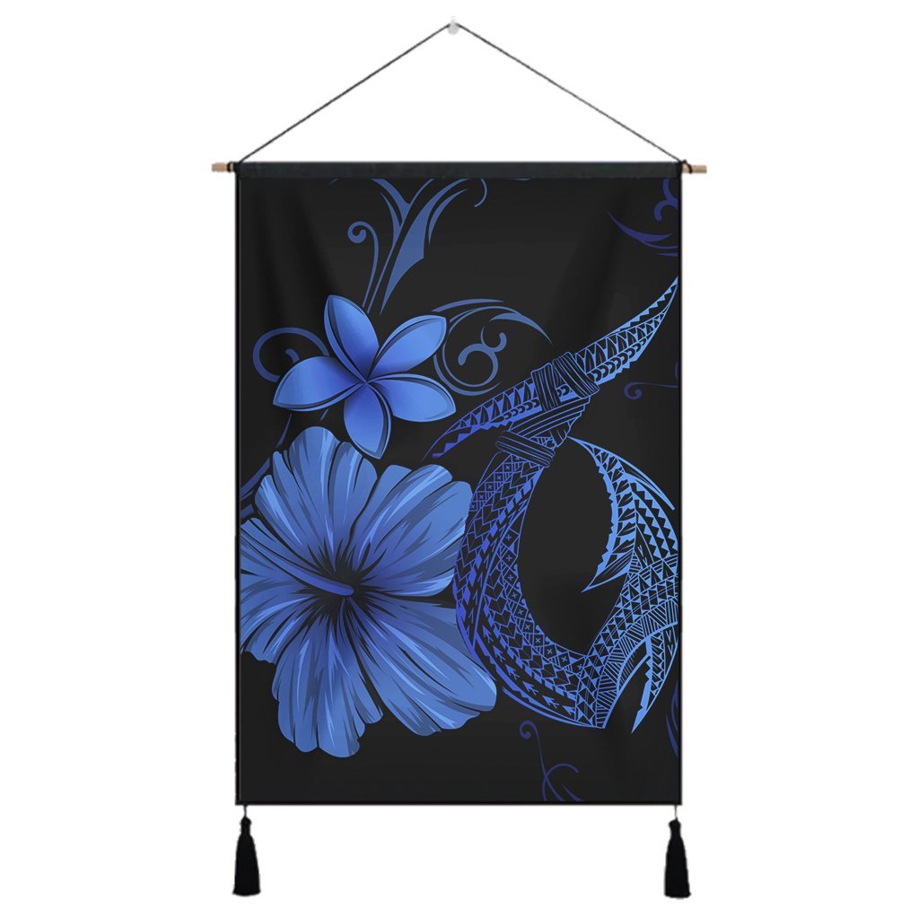 Hawaiian Fish Hook Hibiscus Plumeria Polynesian Hanging Poster - Blue - AH Hanging Poster Cotton And Linen - Polynesian Pride