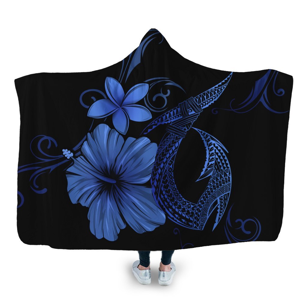 Hawaiian Fish Hook Hibiscus Plumeria Polynesian Hooded Blanket - Blue - AH Hooded Blanket White - Polynesian Pride