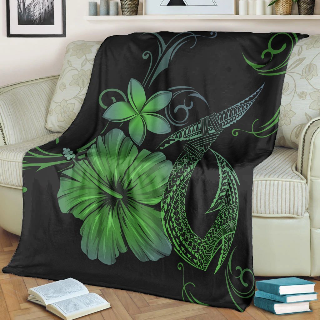 Hawaiian Fish Hook Hibiscus Plumeria Polynesian Premium Blankets - Green - AH - Polynesian Pride