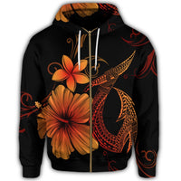 Hawaiian Fish Hook Hibiscus Plumeria Polynesian Zip Hoodie Orange - Polynesian Pride