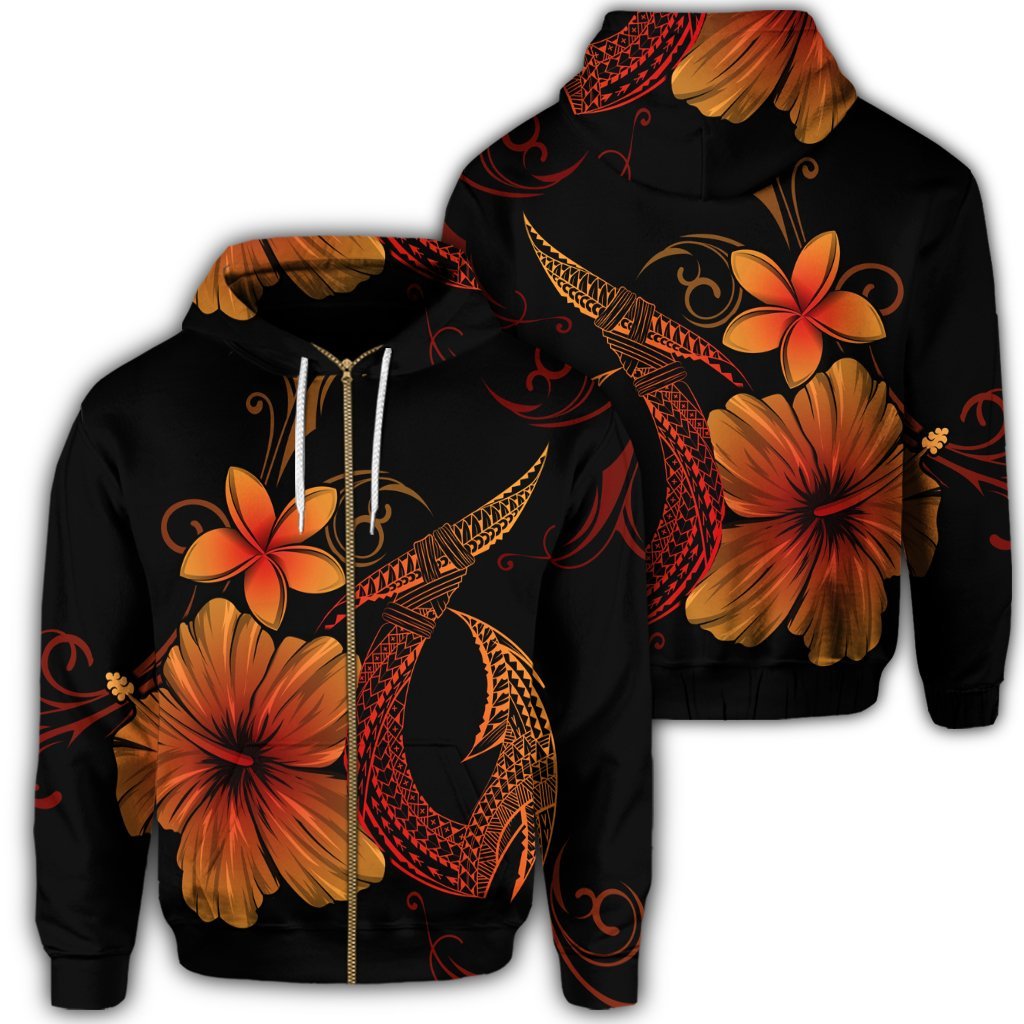 Hawaiian Fish Hook Hibiscus Plumeria Polynesian Zip Hoodie Orange Polyester - Polynesian Pride