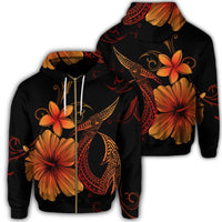 Hawaiian Fish Hook Hibiscus Plumeria Polynesian Zip Hoodie Orange Polyester - Polynesian Pride