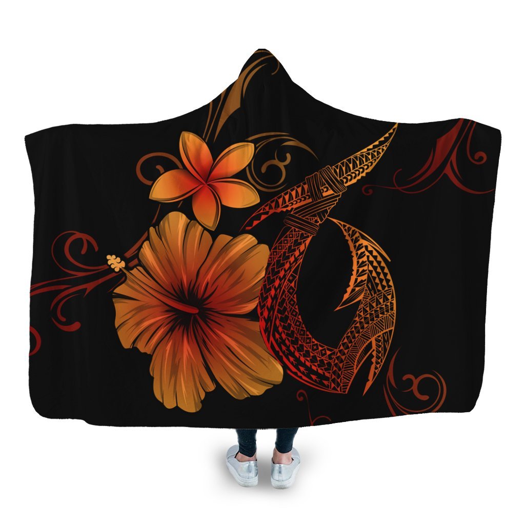 Hawaiian Fish Hook Hibiscus Plumeria Polynesian Hooded Blanket - Orange - AH Hooded Blanket White - Polynesian Pride