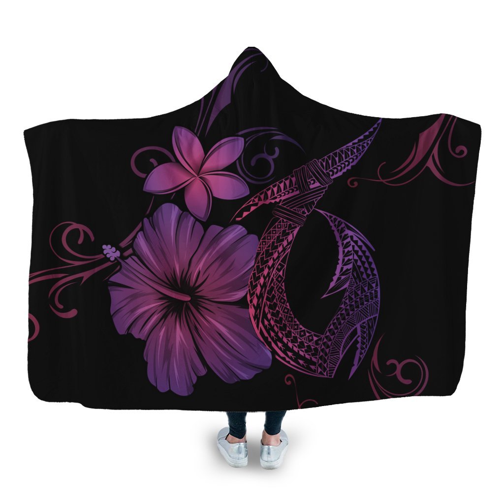 Hawaiian Fish Hook Hibiscus Plumeria Polynesian Hooded Blanket - Pink - AH Hooded Blanket White - Polynesian Pride