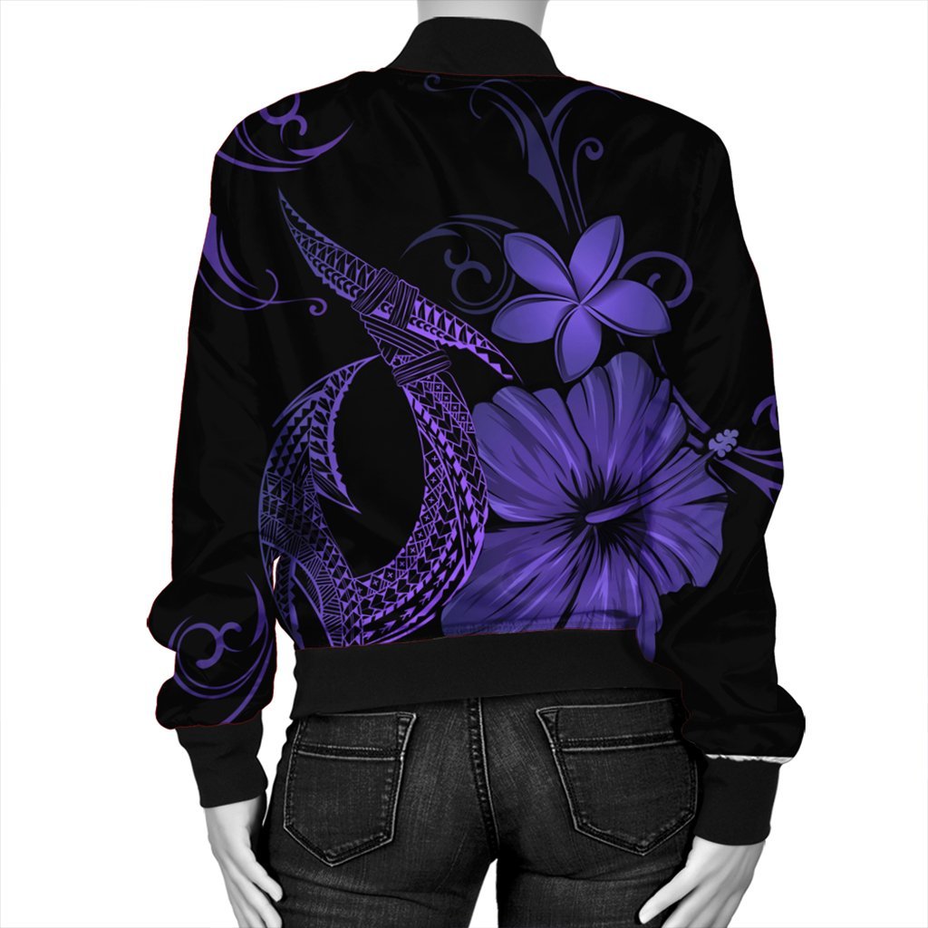 Hawaiian Fish Hook Hibiscus Plumeria Polynesian Bomber Jacket - Purple - AH - Polynesian Pride