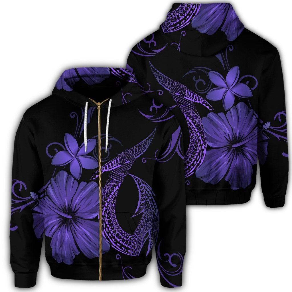 Hawaiian Fish Hook Hibiscus Plumeria Polynesian Zip Hoodie Purple Unisex Art - Polynesian Pride