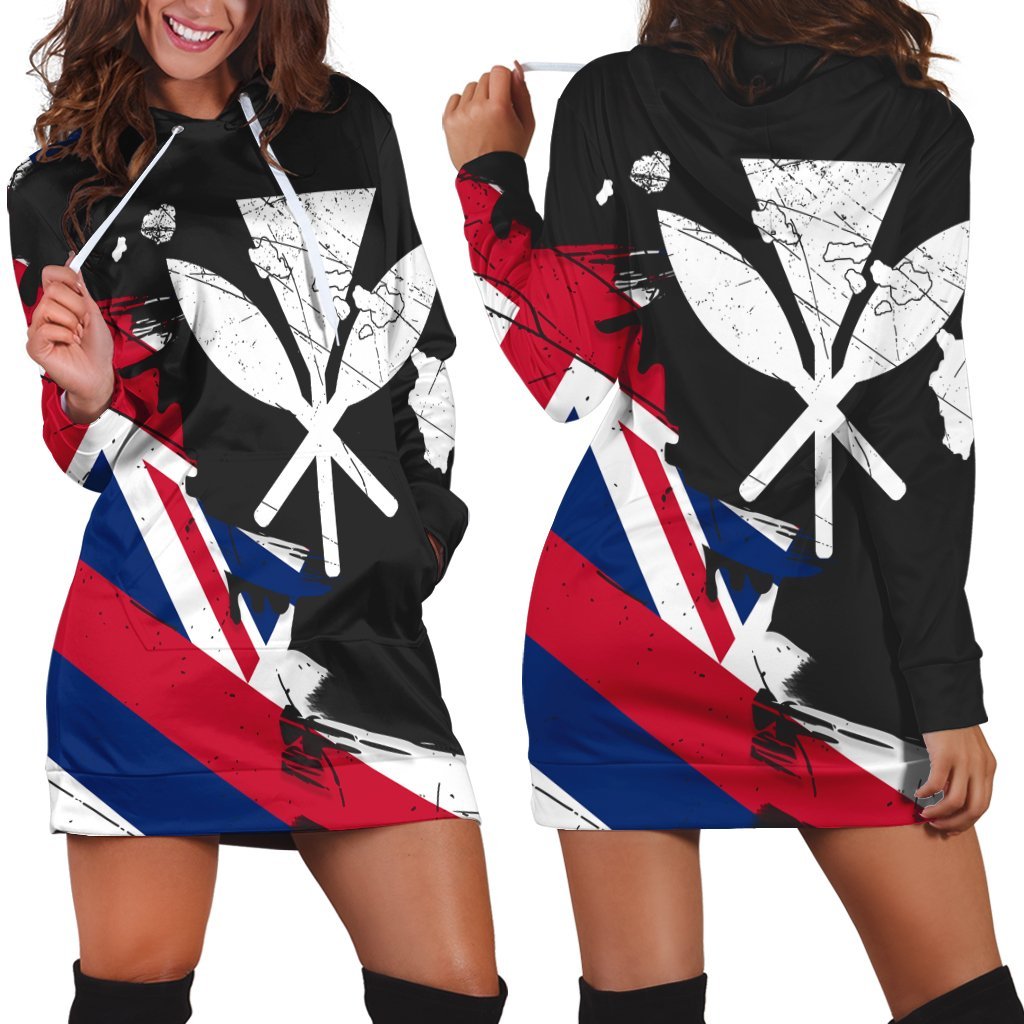 Hawaiian Flag Hawaii Map Kanaka Polynesian Hoodie Dress - Classic Style Black - Polynesian Pride