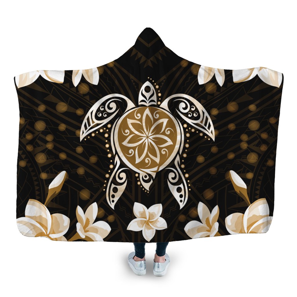 Hawaiian Gold Turtle Plumeria Hooded Blanket AH Hooded Blanket White - Polynesian Pride