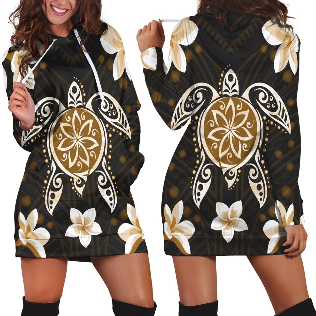 Hawaiian Gold Turtle Plumeria Hoodie Dress AH Black - Polynesian Pride