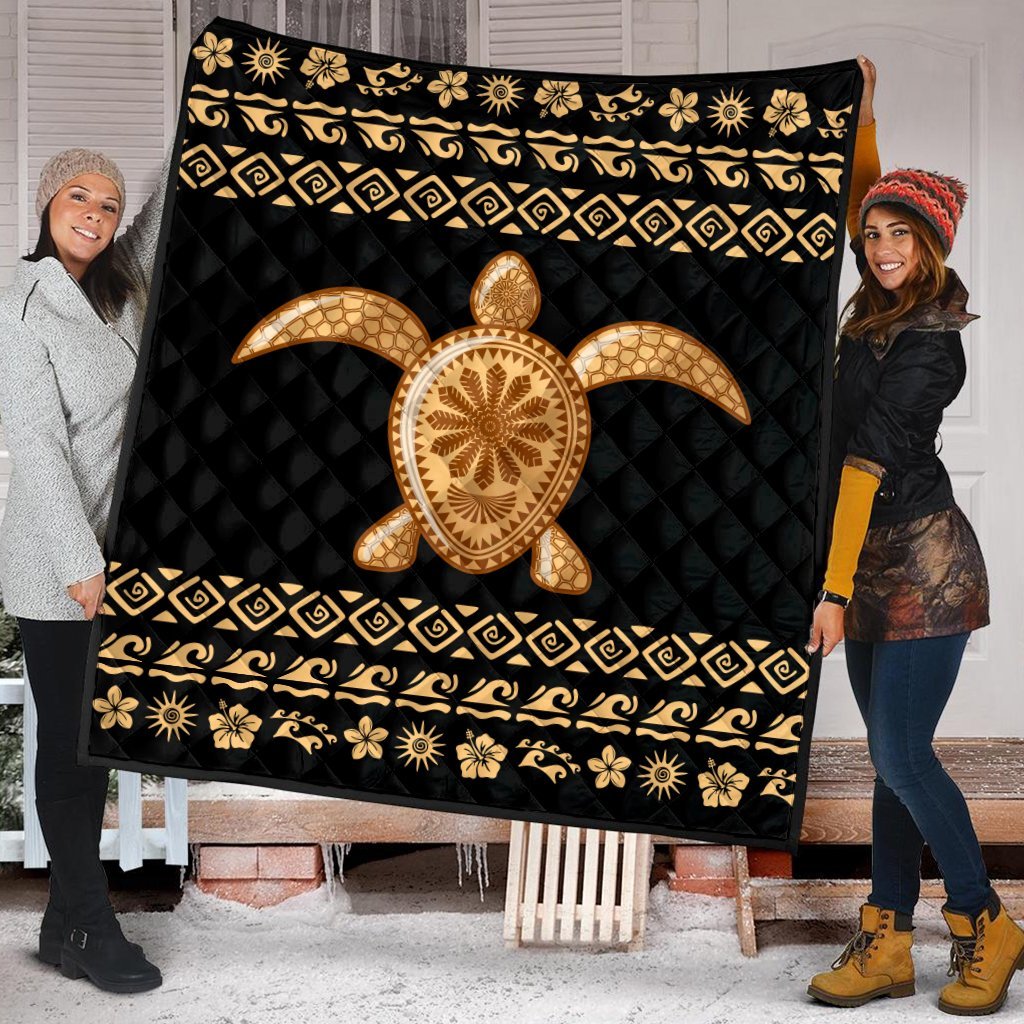 Hawaiian Golden Turtle Hibiscus Plumeria Polynesian Premium Quilts - AH - Polynesian Pride