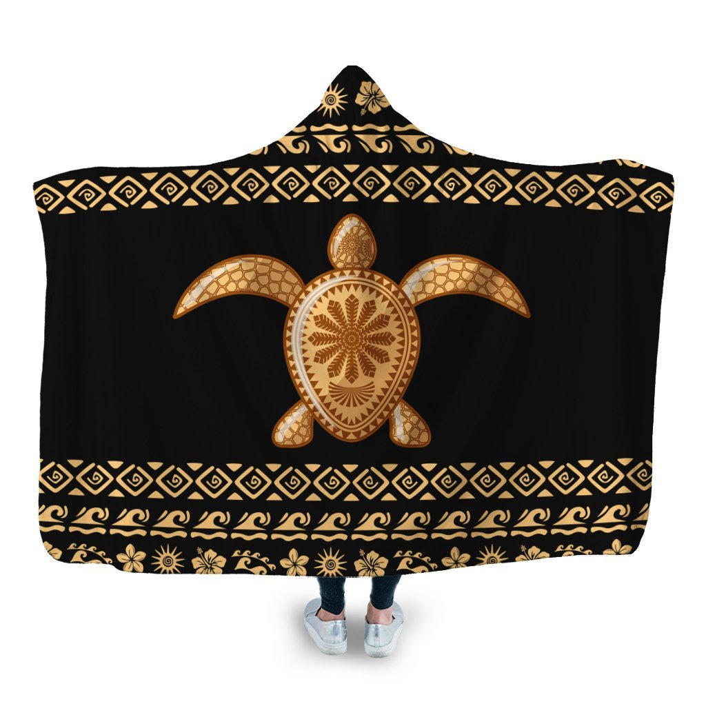 Hawaiian Golden Turtle Hibiscus Plumeria Polynesian Hooded Blanket - AH Hooded Blanket White - Polynesian Pride