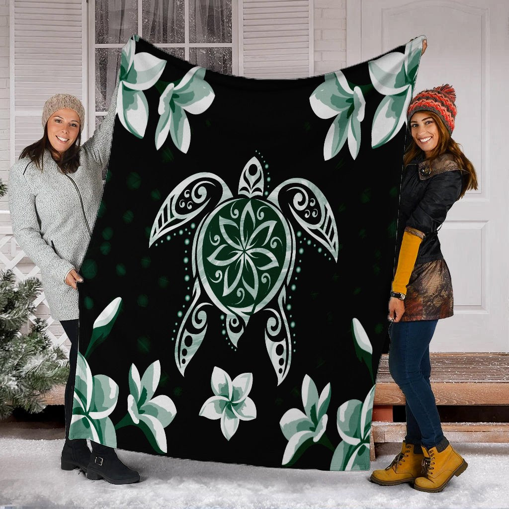Hawaiian Greenie Turtle Plumeria Premium Blankets AH - Polynesian Pride