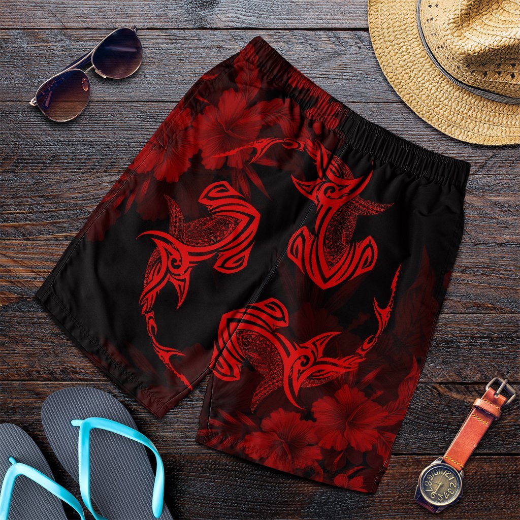 Hawaiian Hammerhead Shark Hibiscus Red Polynesian Men's Shorts - AH Art - Polynesian Pride