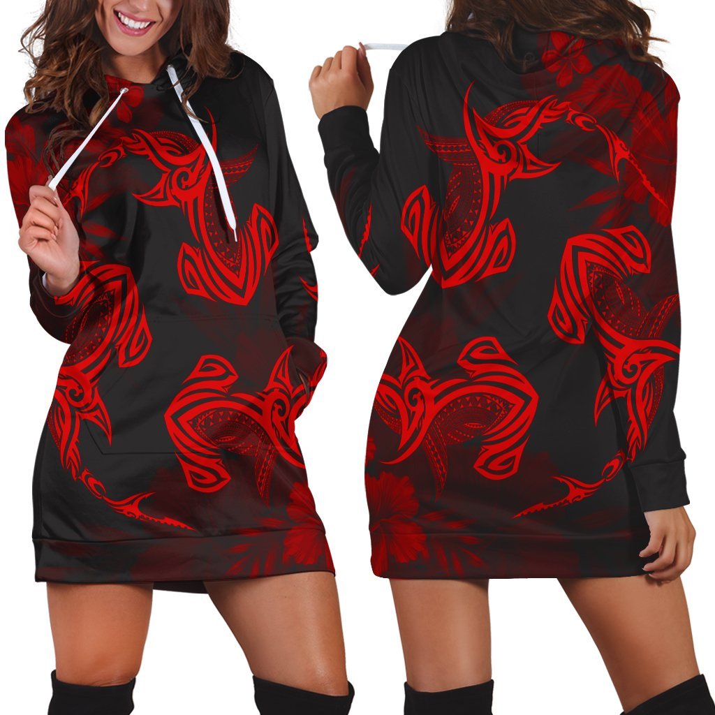 Hawaiian Hammerhead Shark Hibiscus Red Polynesian Hoodie Dress - AH Black - Polynesian Pride