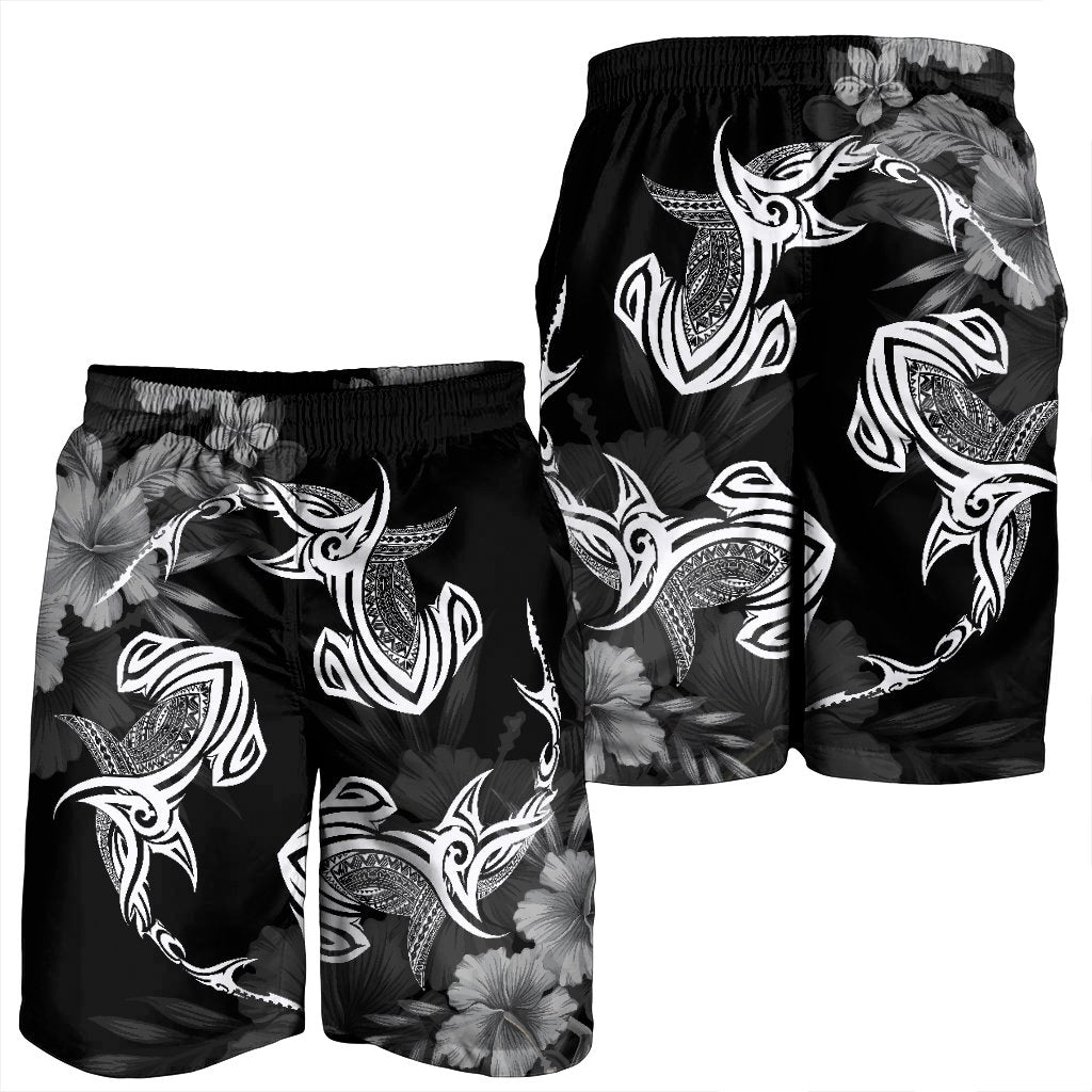 Hawaiian Hammerhead Shark Hibiscus White Polynesian Men's Shorts - AH - Polynesian Pride