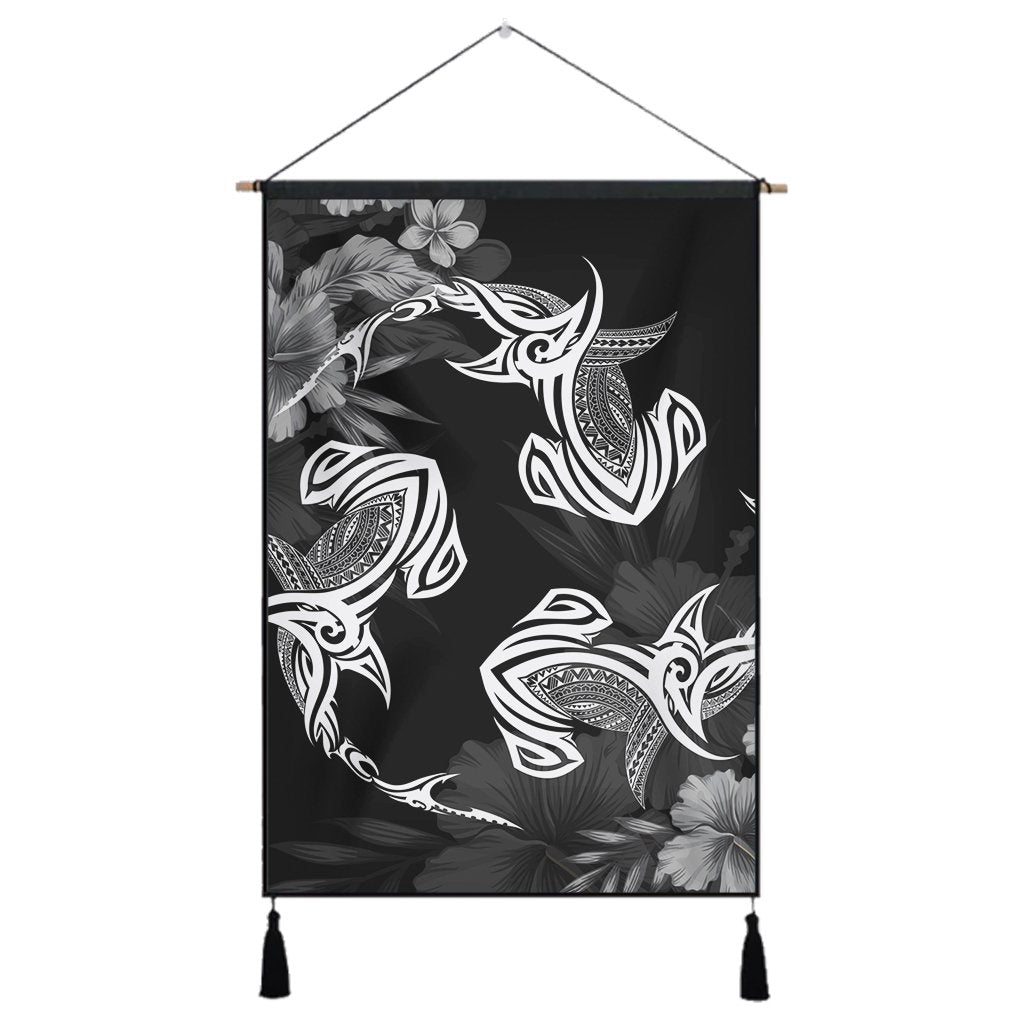 Hawaiian Hammerhead Shark Hibiscus White Polynesian Hanging Poster - AH Hanging Poster Cotton And Linen - Polynesian Pride