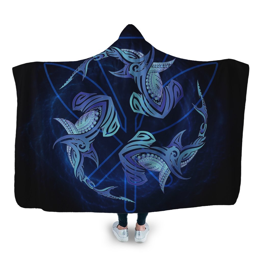 Hawaiian Hammerhead Shark Kanaka Galaxy Polynesian Hooded Blanket - AH Hooded Blanket White - Polynesian Pride