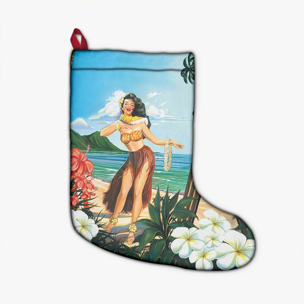 Hawaiian Hibiscus Aloha Hula Girl Dance On The Beach Christmas Stocking - AH Christmas Stocking 26 X 42 cm Black - Polynesian Pride