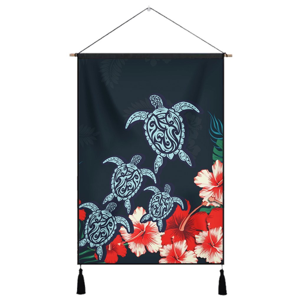 Hawaiian Hibiscus And Turtle Polynesian Hanging Poster - AH Hanging Poster Cotton And Linen - Polynesian Pride
