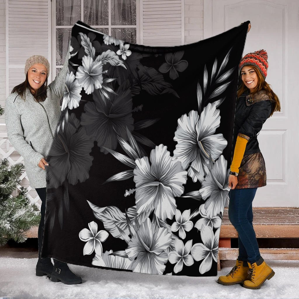Hawaiian Hibiscus Black And White Polynesian Premium Blankets - AH - Polynesian Pride