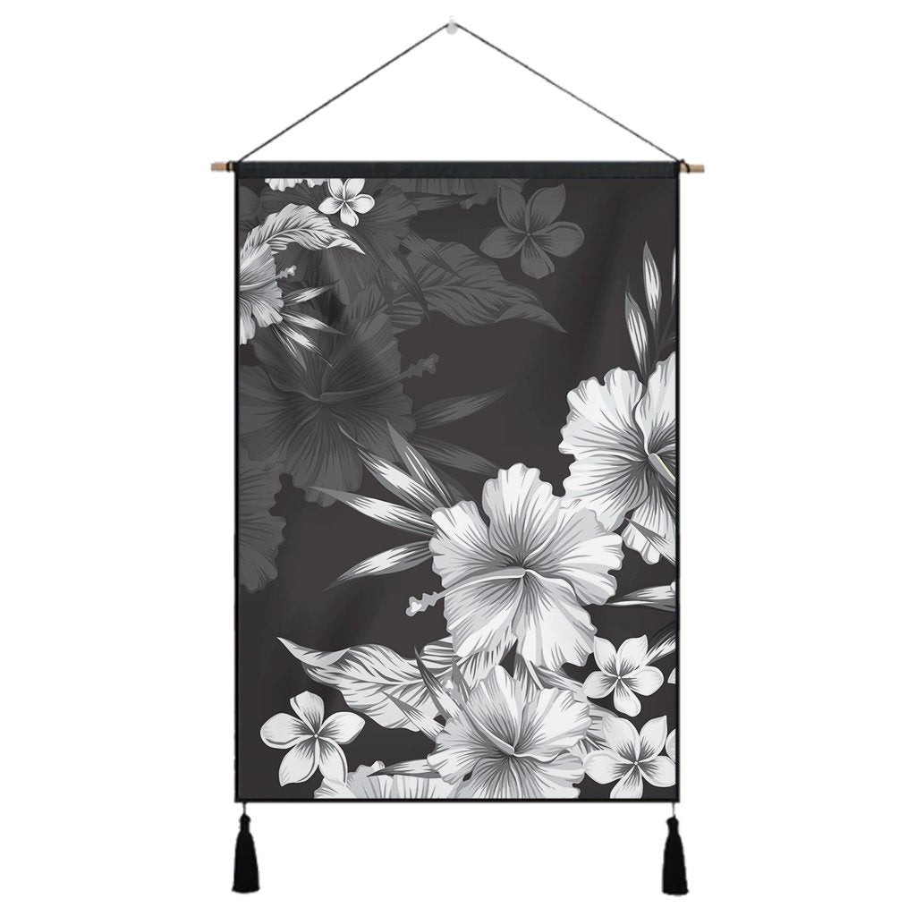 Hawaiian Hibiscus Black And White Polynesian Hanging Poster - AH Hanging Poster Cotton And Linen - Polynesian Pride