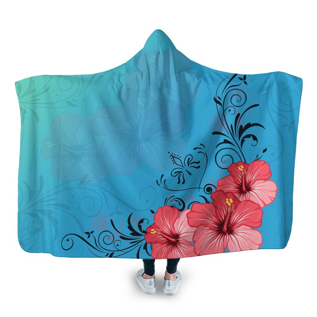 Hawaiian Hibiscus Flower Red Hooded Blanket - AH - AH Hooded Blanket White - Polynesian Pride