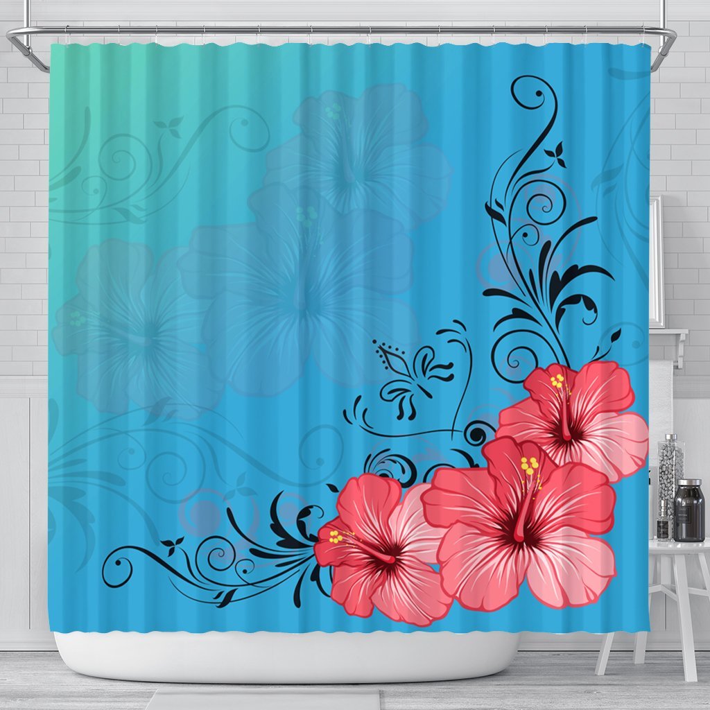 Hawaiian Hibiscus Flower Red Shower Curtain - AH - AH 177 x 172 (cm) Black - Polynesian Pride