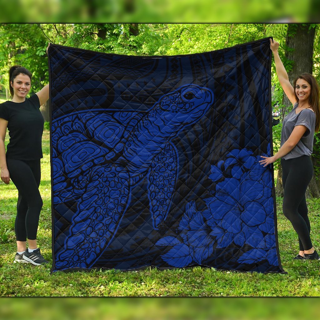 Hawaiian Hibiscus Memory Turtle Polynesian Premium Quilts Blue - AH Black - Polynesian Pride