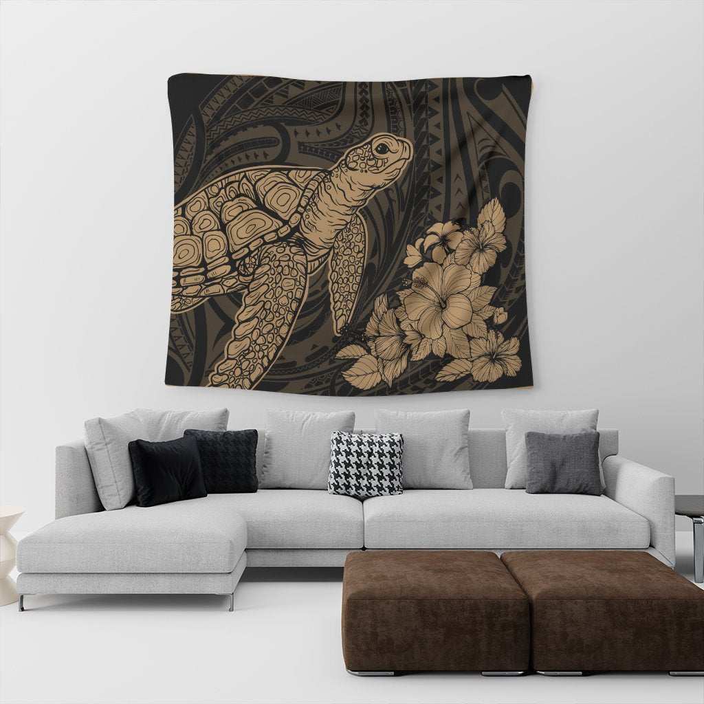 Hawaiian Hibiscus Memory Turtle Polynesian Tapestry Gold - AH - Polynesian Pride