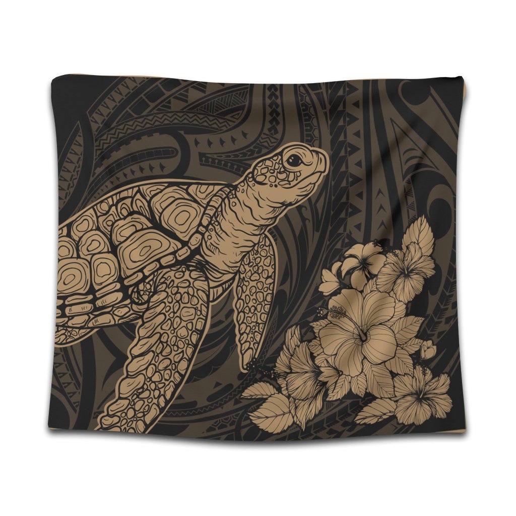 Hawaiian Hibiscus Memory Turtle Polynesian Tapestry Gold - AH Wall Tapestry Black - Polynesian Pride