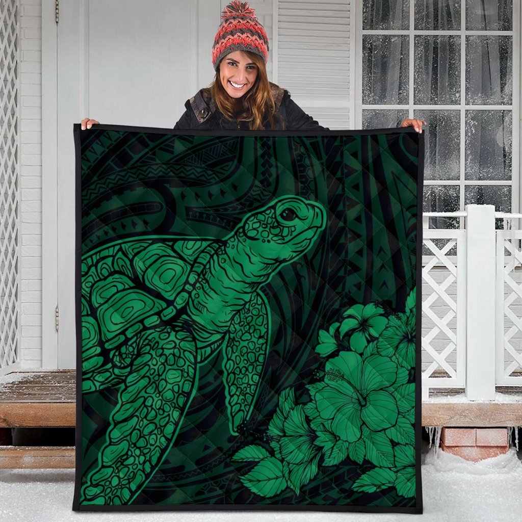 Hawaiian Hibiscus Memory Turtle Polynesian Premium Quilts Green - AH - Polynesian Pride