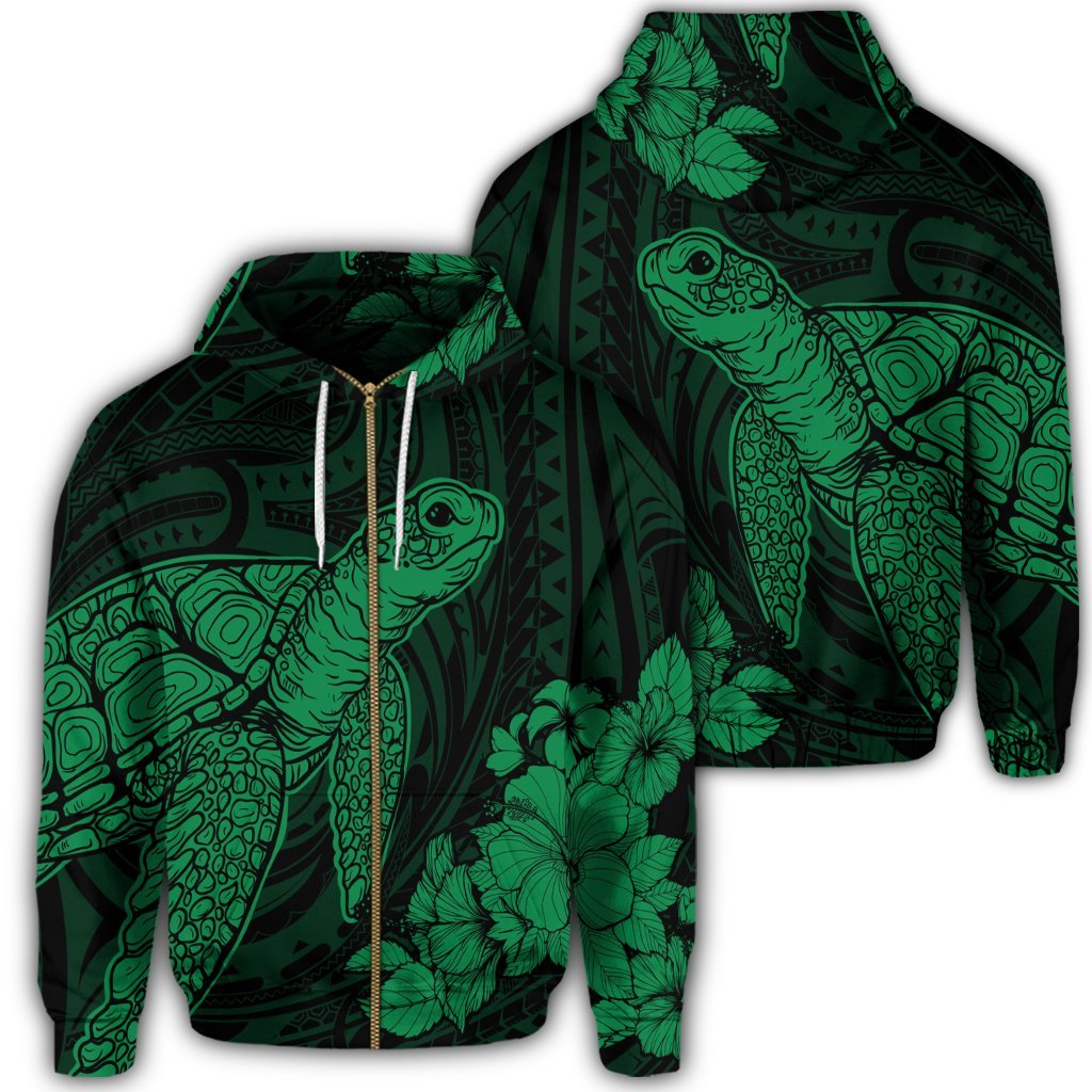 Hawaiian Hibiscus Memory Turtle Polynesian Zip Hoodie Green Unisex Art - Polynesian Pride