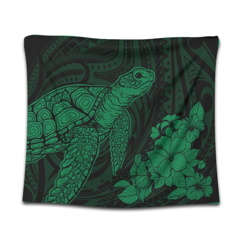 Hawaiian Hibiscus Memory Turtle Polynesian Tapestry Green - AH Wall Tapestry Black - Polynesian Pride