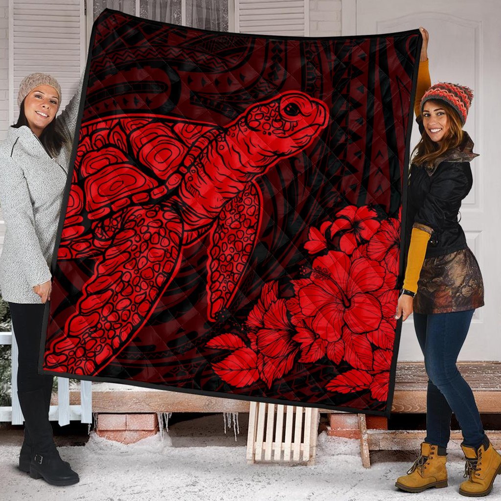 Hawaiian Hibiscus Memory Turtle Polynesian Premium Quilts Red - AH - Polynesian Pride