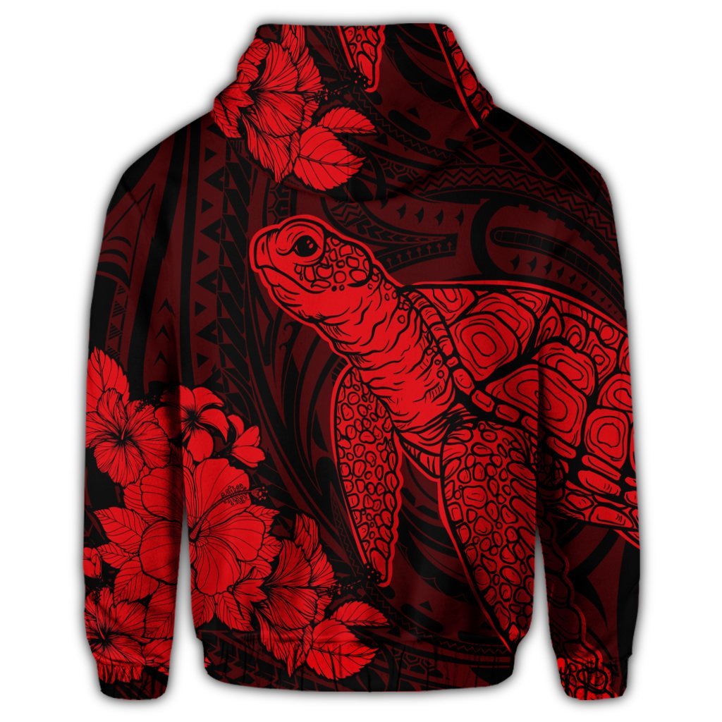Hawaiian Hibiscus Memory Turtle Polynesian Zip Hoodie Red - Polynesian Pride