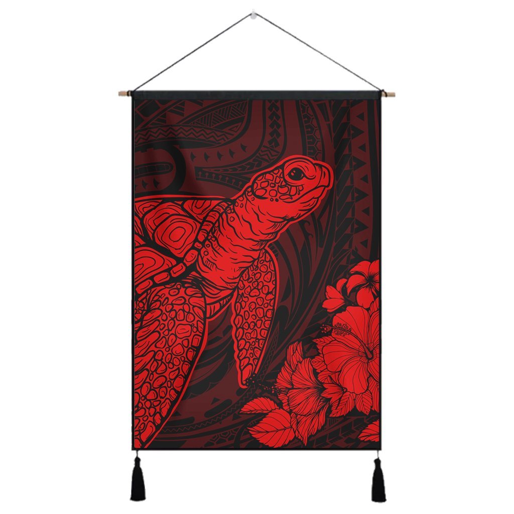 Hawaiian Hibiscus Memory Turtle Polynesian Hanging Poster Red - AH Hanging Poster Cotton And Linen - Polynesian Pride