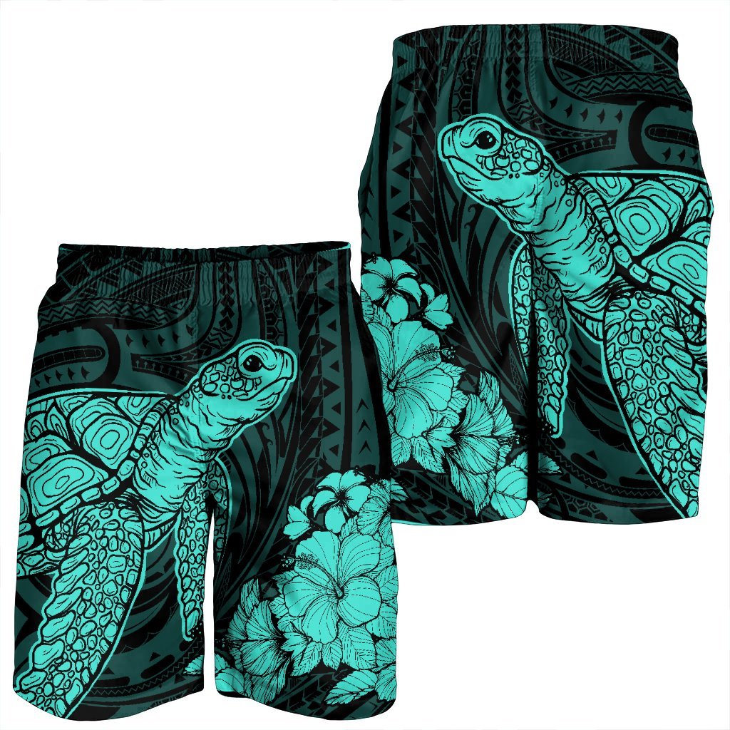 Hawaiian Hibiscus Memory Turtle Polynesian Men's Shorts Turquoise - AH - Polynesian Pride