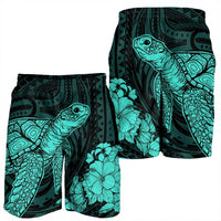 Hawaiian Hibiscus Memory Turtle Polynesian Men's Shorts Turquoise - AH - Polynesian Pride