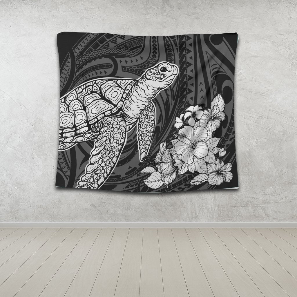 Hawaiian Hibiscus Memory Turtle Polynesian Tapestry White - AH - Polynesian Pride