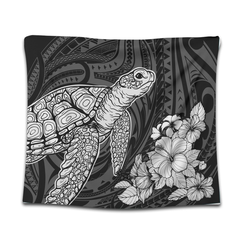 Hawaiian Hibiscus Memory Turtle Polynesian Tapestry White - AH Wall Tapestry Black - Polynesian Pride