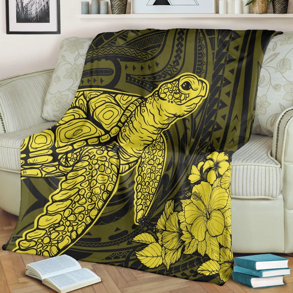 Hawaiian Hibiscus Memory Turtle Polynesian Premium Blankets Yellow - AH - Polynesian Pride