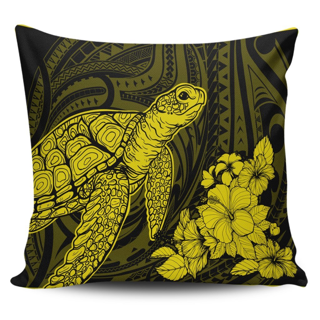 Hawaiian Hibiscus Memory Turtle Polynesian Pillow Covers Yellow - AH Pillow Covers Black - Polynesian Pride