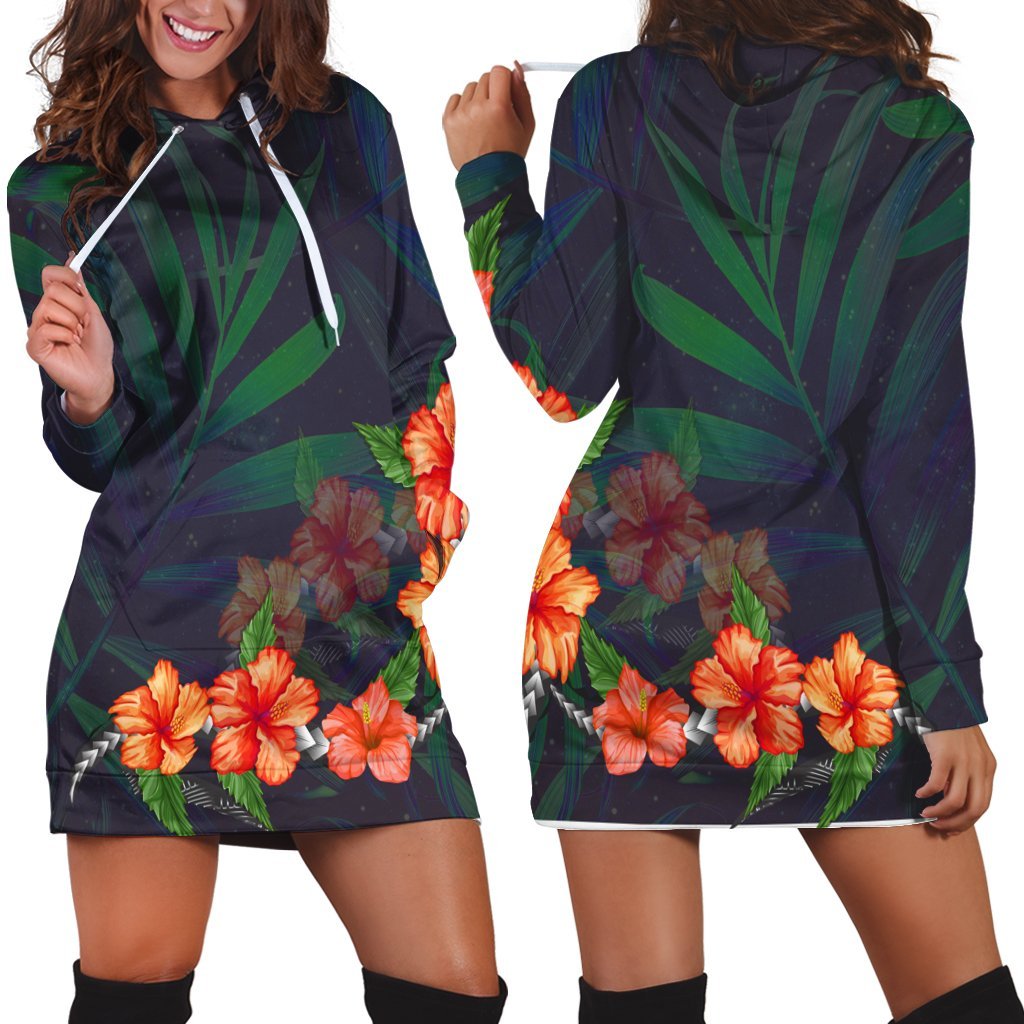 Hawaiian Hibiscus Palm Tree Background Polynesian Hoodie Dress - AH Black - Polynesian Pride