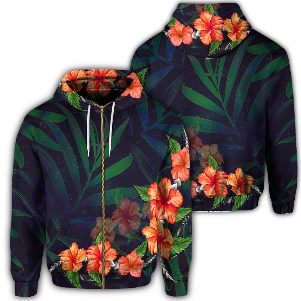 Hawaiian Hibiscus Palm Tree Background Polynesian Zip Hoodie Unisex Art - Polynesian Pride
