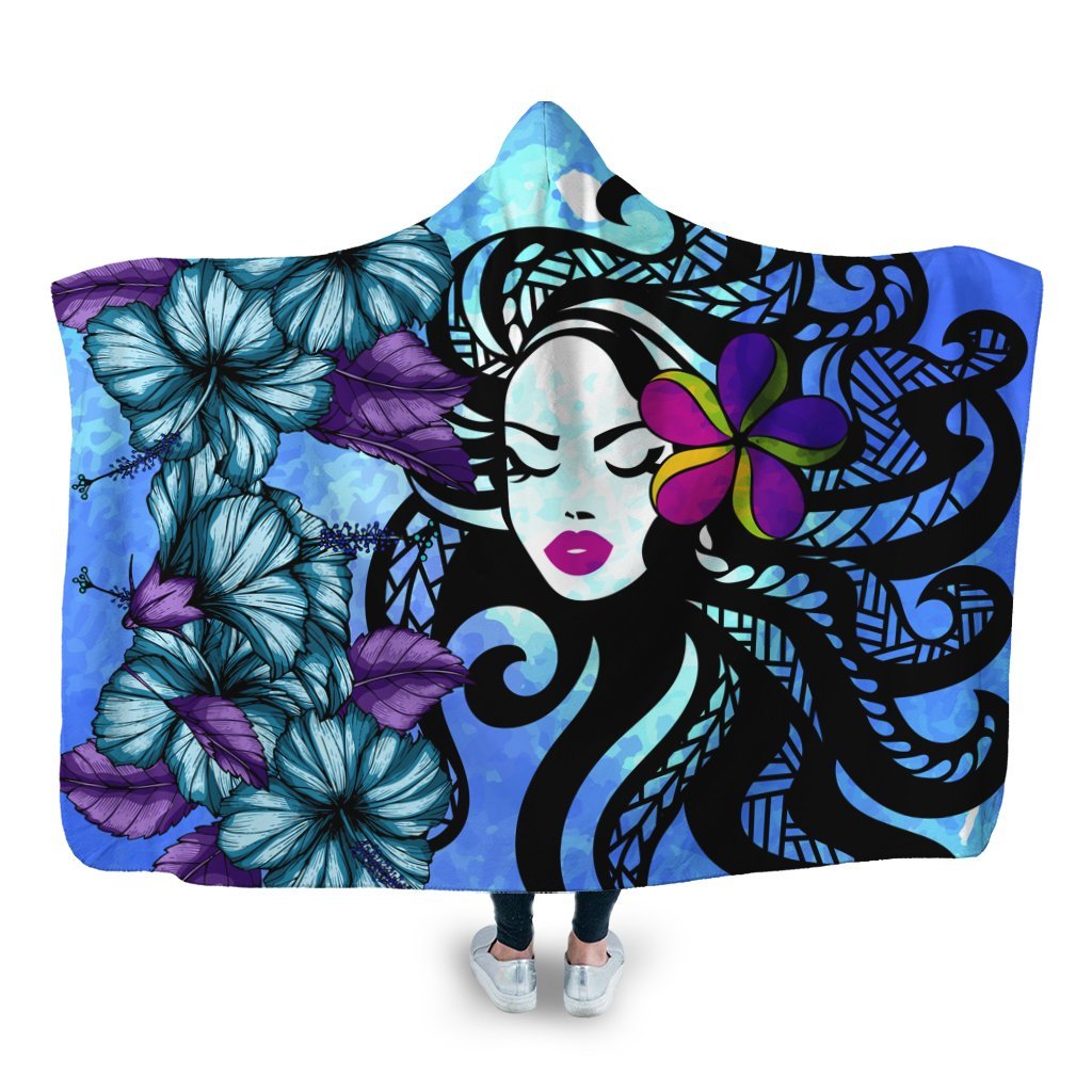 Hawaiian Hibiscus Plumeria Hula Girl Polynesian Hooded Blanket - AH Hooded Blanket White - Polynesian Pride